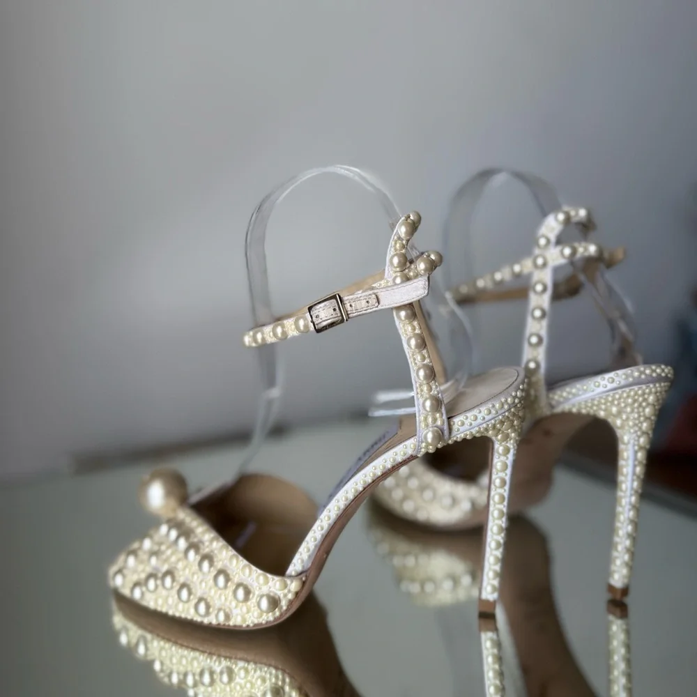 Like New Jimmy Choo Sacora 100 White Satin Sandals with All Over Pearls 38 - Picture 7 of 16